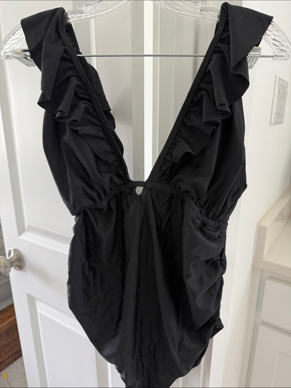 Black Ruffle Deep V One-Piece Maternity Swimsuit